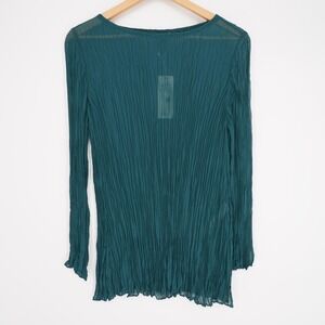 Eileen Fisher Crinkled Sheer Silk Georgette Tunic Top M Agean Bateau Neck Green